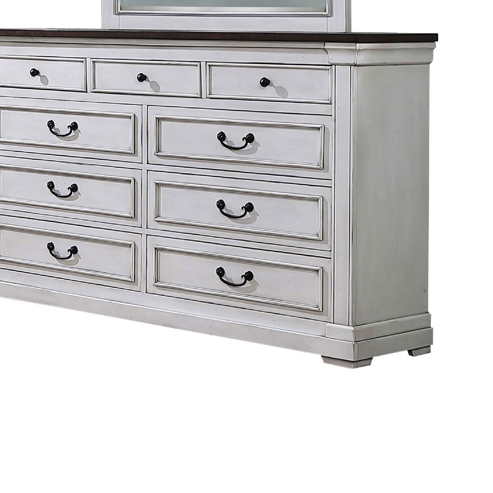 Ola Wide Dresser with Mirror | 9 Drawers | Distressed White Wood Frame BM339949