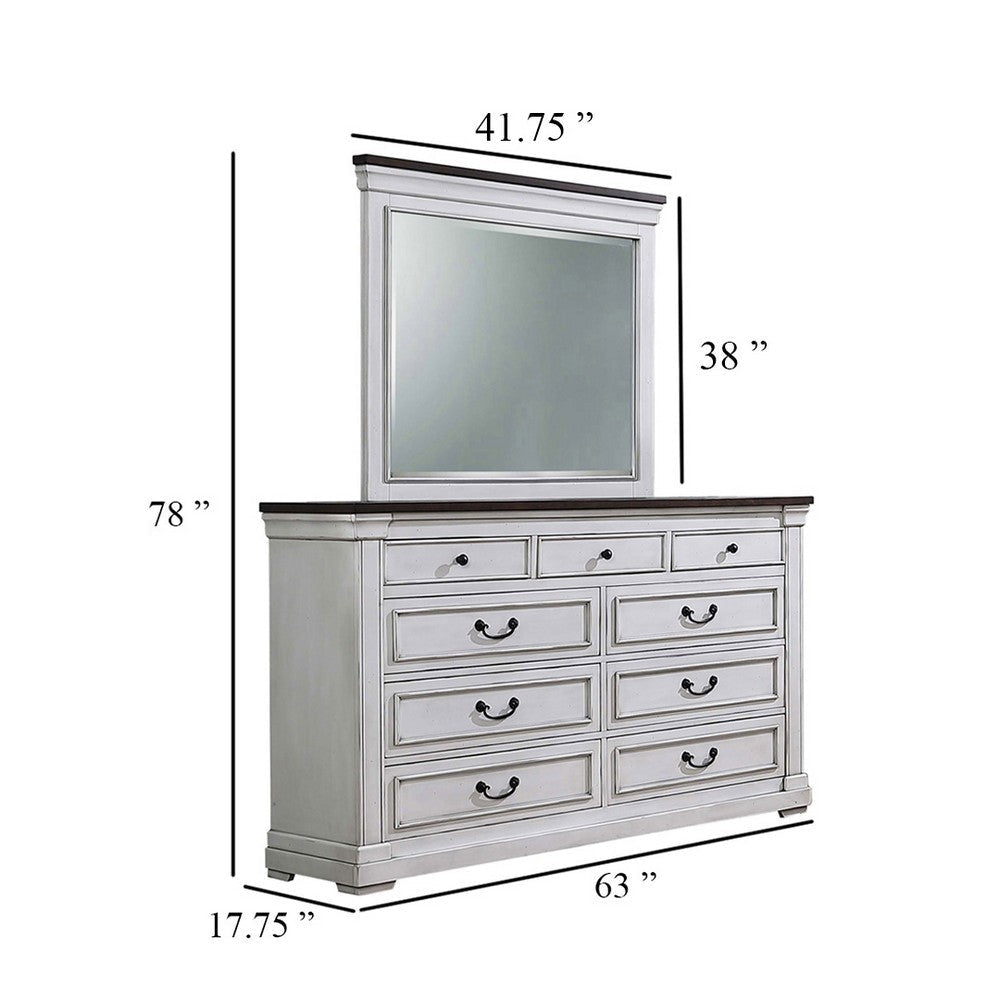 Ola Wide Dresser with Mirror | 9 Drawers | Distressed White Wood Frame BM339949