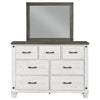 Meki Wide Dresser with Mirror | 7 Drawers | Distressed White Wood BM339950