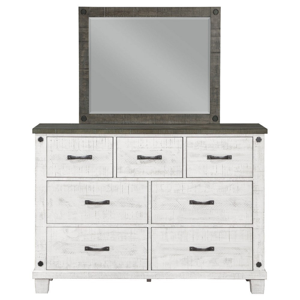 Meki Wide Dresser with Mirror | 7 Drawers | Distressed White Wood BM339950