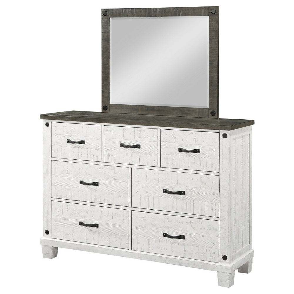 Meki Wide Dresser with Mirror | 7 Drawers | Distressed White Wood BM339950