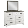 Meki Wide Dresser with Mirror | 7 Drawers | Distressed White Wood