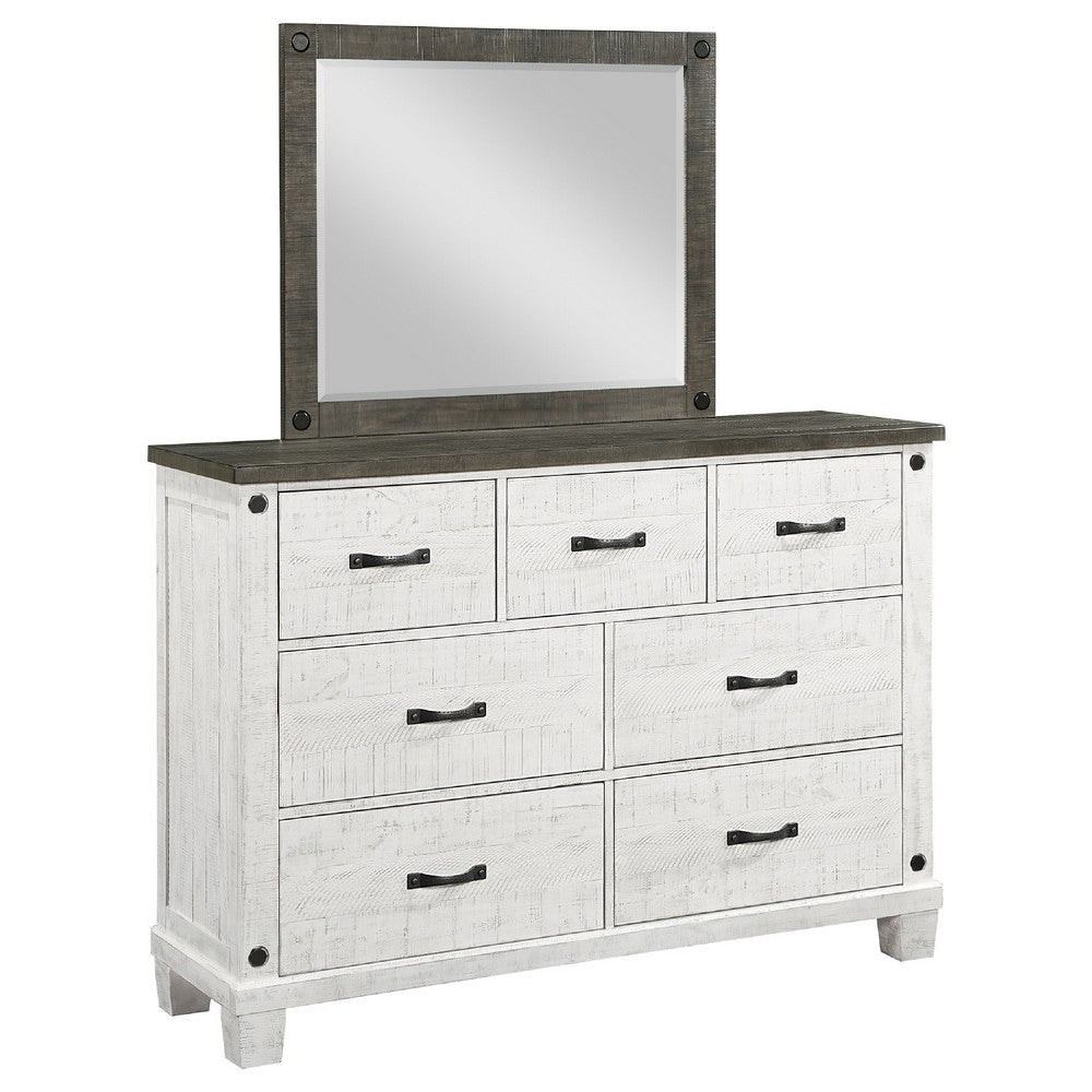 Meki Wide Dresser with Mirror | 7 Drawers | Distressed White Wood