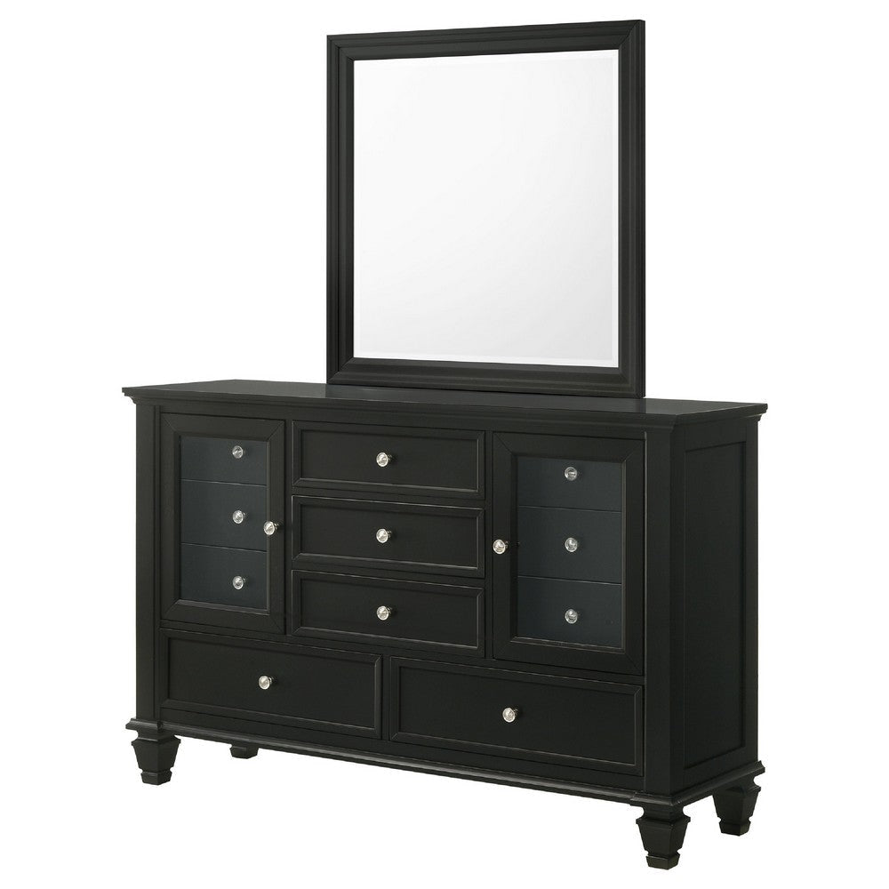 Lila Wide Dresser with Mirror | 11 Drawers | Black Wood | Turned Legs BM339952