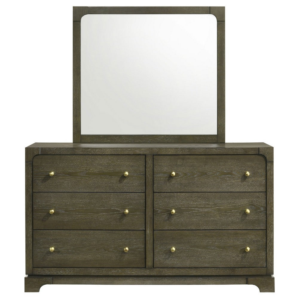 Seon Wide Dresser with Mirror | 6 Drawers | Cocoa Brown | Brass Knobs BM339953