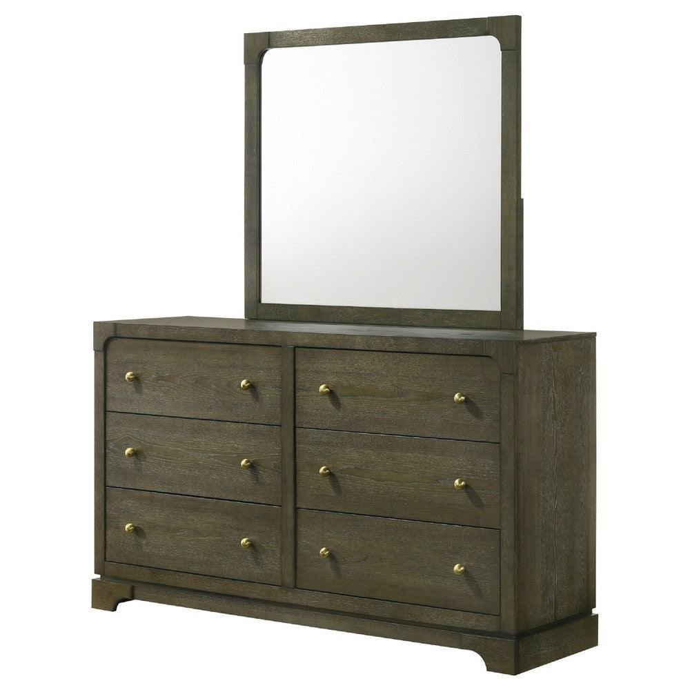 Seon Wide Dresser with Mirror | 6 Drawers | Cocoa Brown | Brass Knobs BM339953