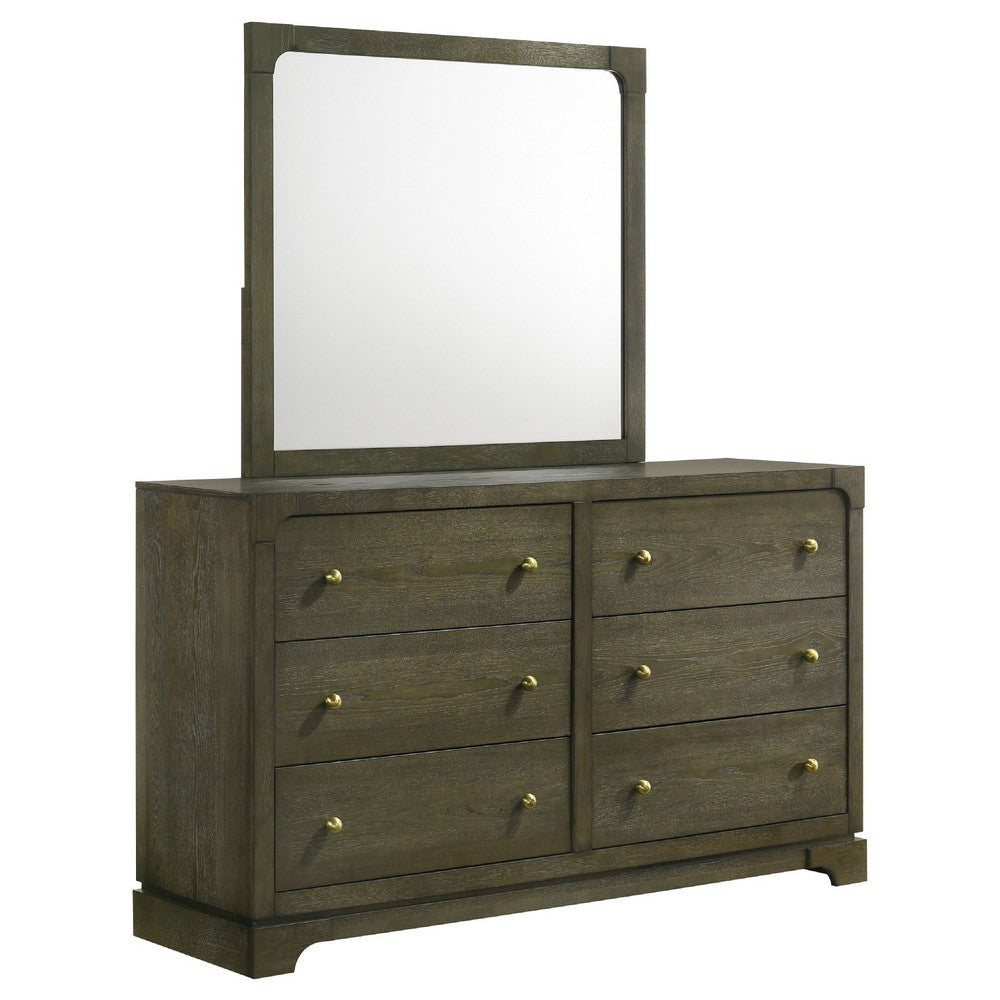Seon Wide Dresser with Mirror | 6 Drawers | Cocoa Brown | Brass Knobs