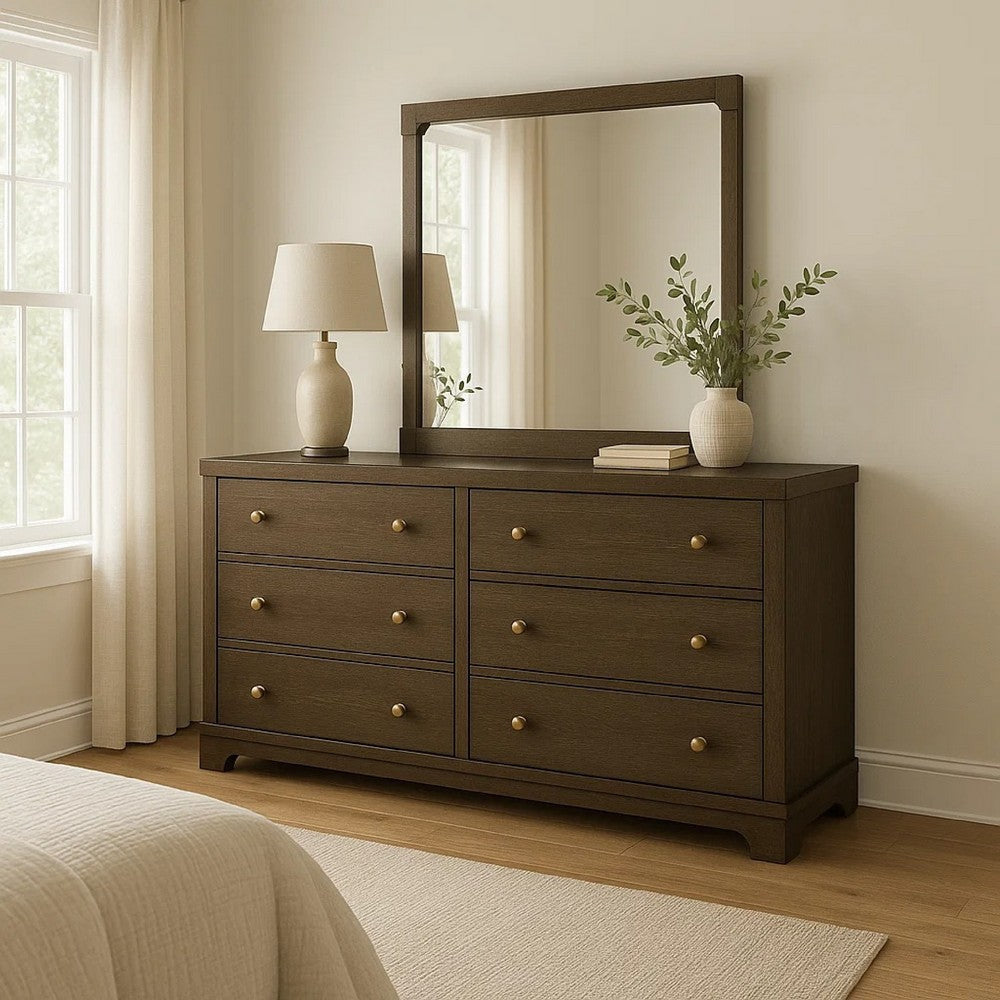 Seon Wide Dresser with Mirror | 6 Drawers | Cocoa Brown | Brass Knobs BM339953
