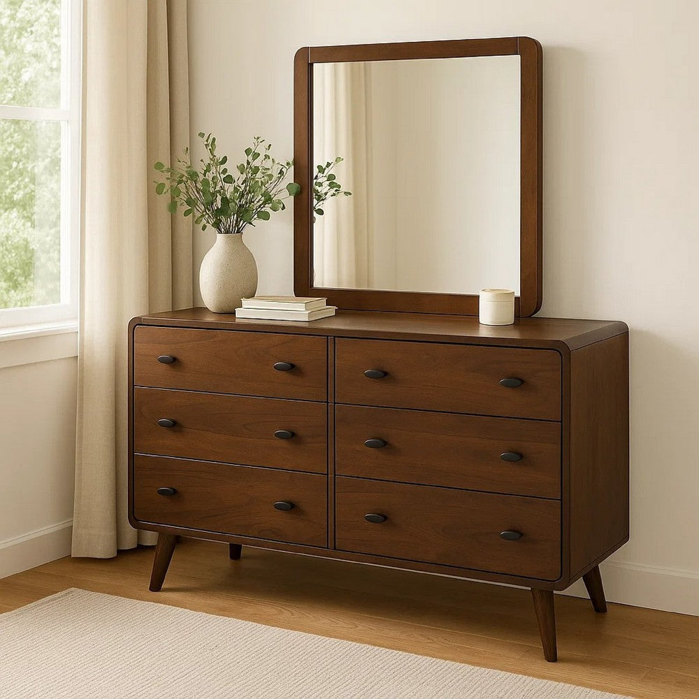 Ryb Wide Dresser with Mirror | 6 Drawers | Dark Walnut Brown Wood BM339956