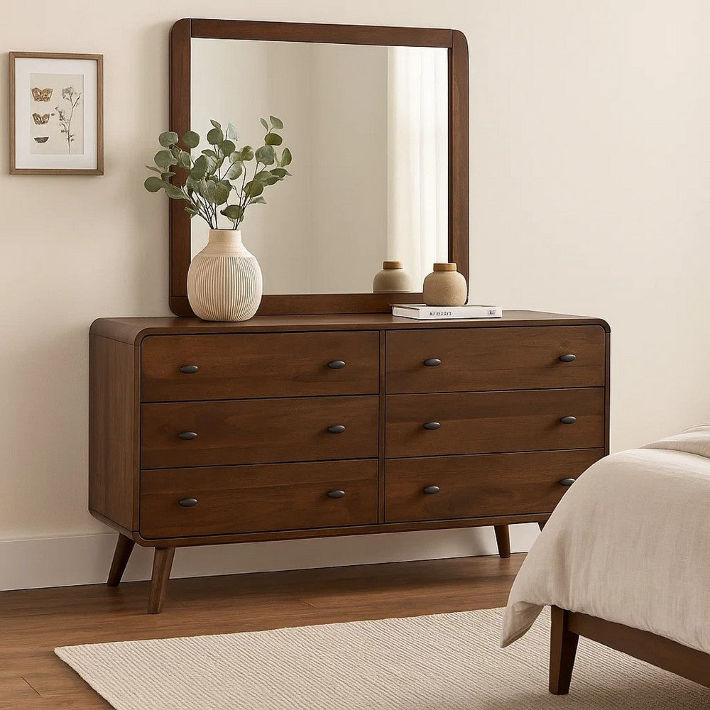 Ryb Wide Dresser with Mirror | 6 Drawers | Dark Walnut Brown Wood