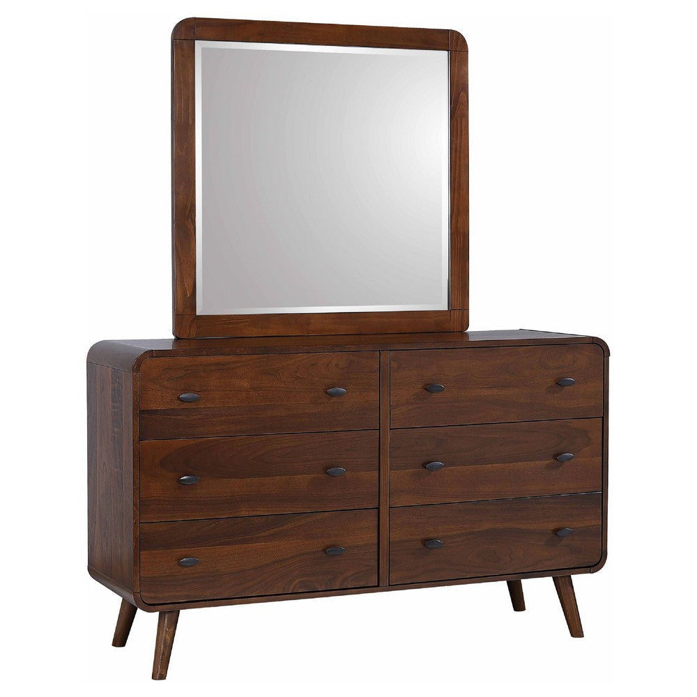 Ryb Wide Dresser with Mirror | 6 Drawers | Dark Walnut Brown Wood