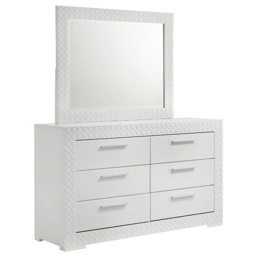 Ivon Wide Dresser with Mirror | 6 Drawers | White High Gloss | Metal
