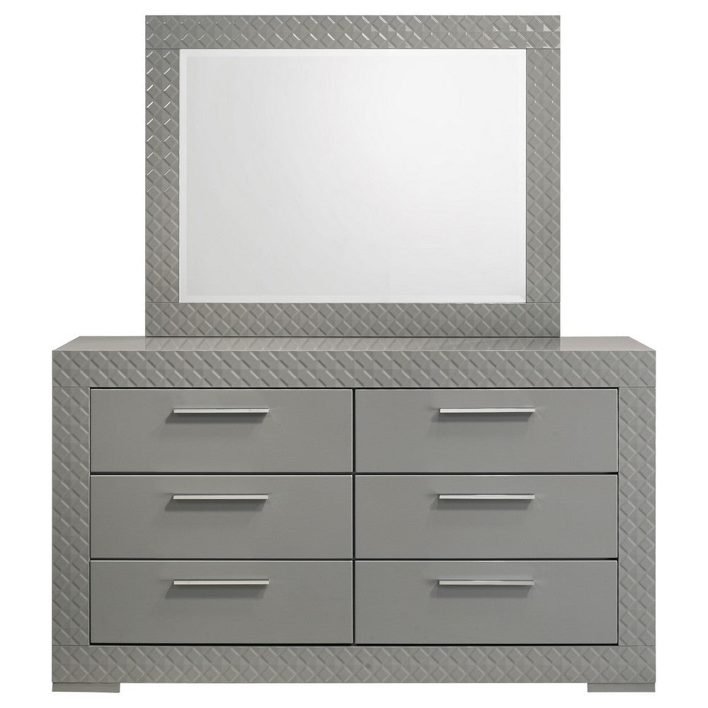 Ivon Wide Dresser with Mirror | 6 Drawers | Gray High Gloss Wood BM339958