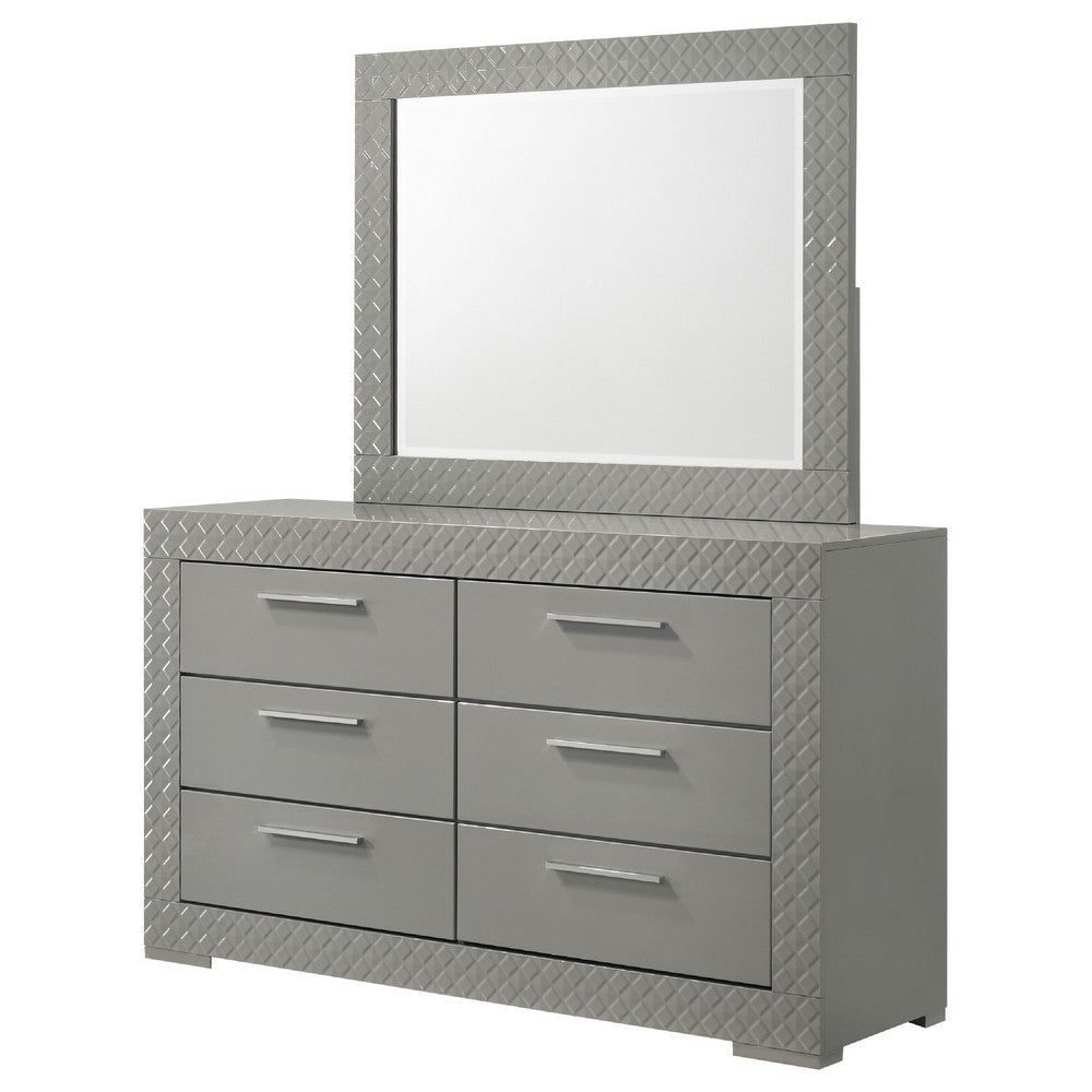 Ivon Wide Dresser with Mirror | 6 Drawers | Gray High Gloss Wood BM339958