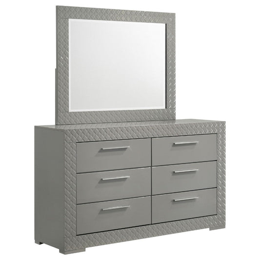 Ivon Wide Dresser with Mirror | 6 Drawers | Gray High Gloss Wood