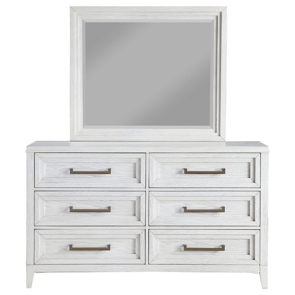 Leva Wide Dresser with Mirror | 6 Drawers | Distressed White Wood BM339959