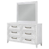 Leva Wide Dresser with Mirror | 6 Drawers | Distressed White Wood BM339959