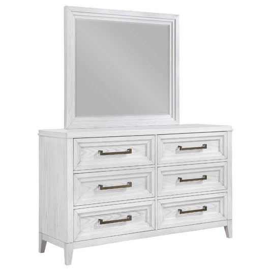 Leva Wide Dresser with Mirror | 6 Drawers | Distressed White Wood