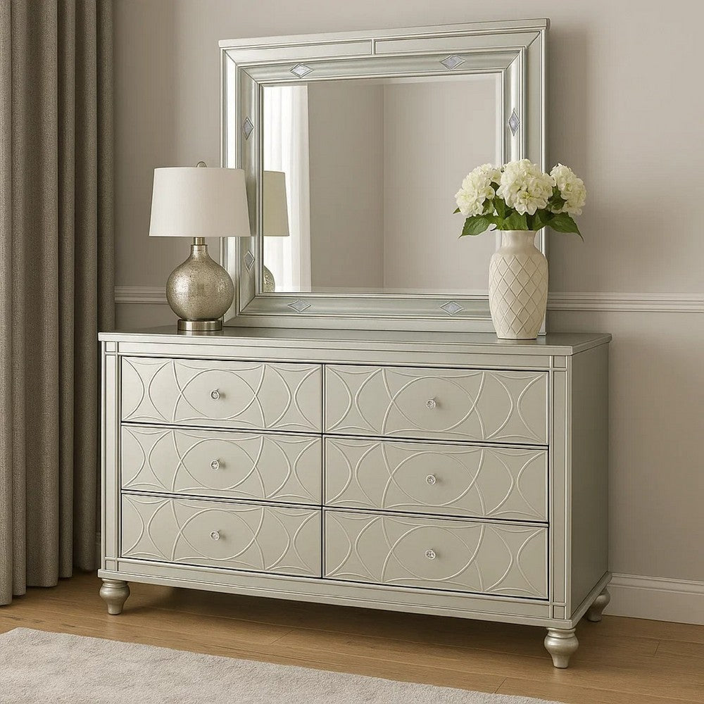 Gina Wide Dresser with Mirror | 6 Drawers | Silver Metallic Wood Frame BM339960