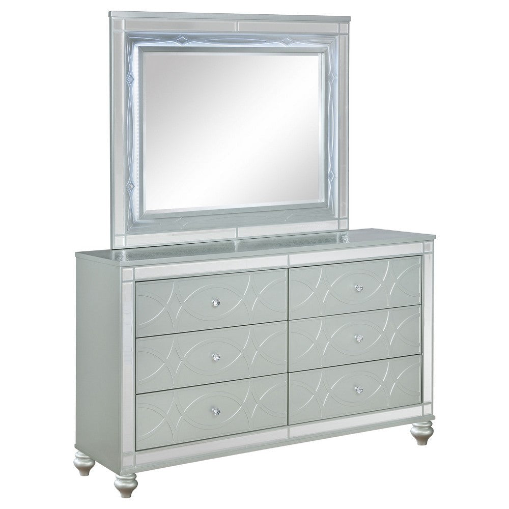 Gina Wide Dresser with Mirror | 6 Drawers | Silver Metallic Wood Frame