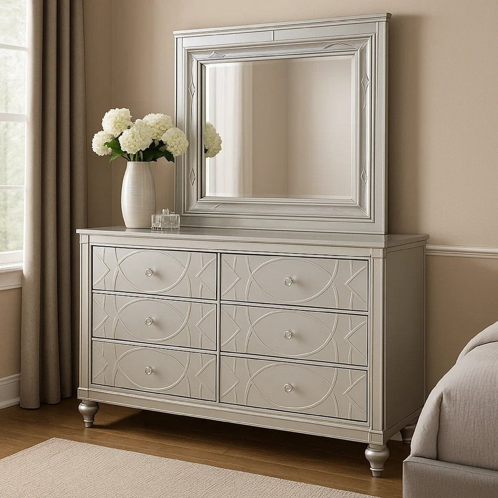 Gina Wide Dresser with Mirror | 6 Drawers | Silver Metallic Wood Frame
