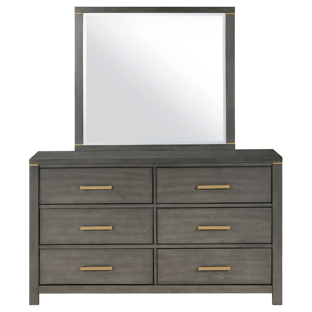 Ren Wide Dresser with Mirror | 6 Drawers | Gray Wood | Metal Handles BM339961