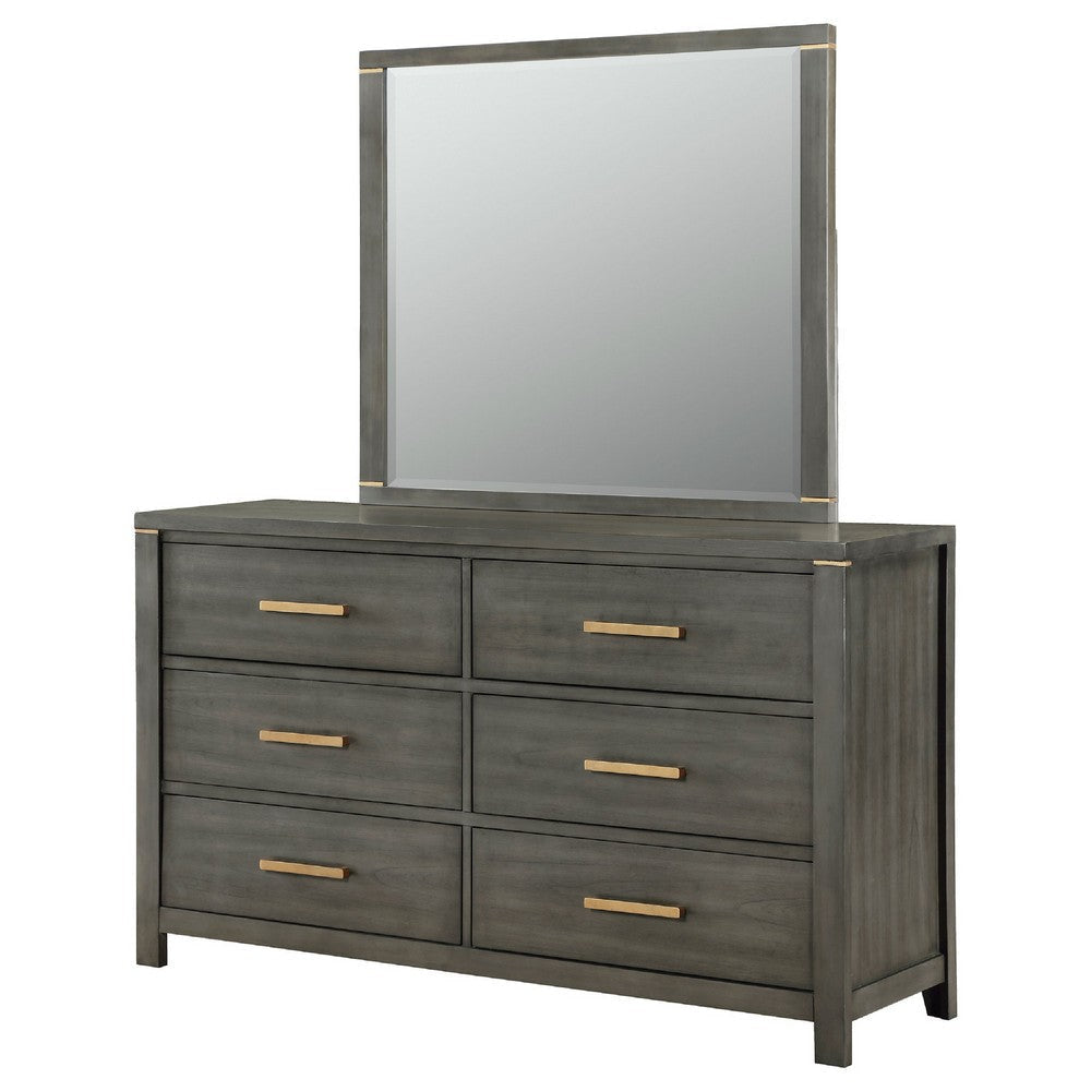 Ren Wide Dresser with Mirror | 6 Drawers | Gray Wood | Metal Handles BM339961