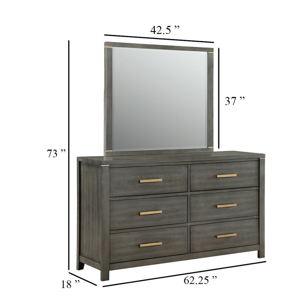 Ren Wide Dresser with Mirror | 6 Drawers | Gray Wood | Metal Handles BM339961