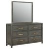 Ren Wide Dresser with Mirror | 6 Drawers | Gray Wood | Metal Handles