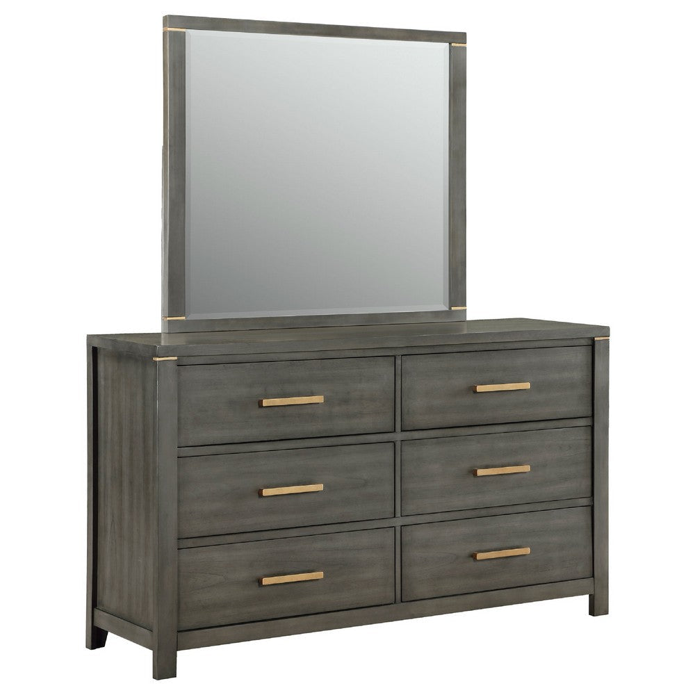 Ren Wide Dresser with Mirror | 6 Drawers | Gray Wood | Metal Handles