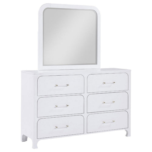 Asiy Wide Dresser w Mirror | 6 Drawer Clear Bar Handles | Pearl White
