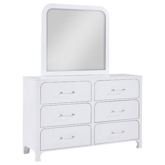 Asiy Wide Dresser w Mirror | 6 Drawer Clear Bar Handles | Pearl White