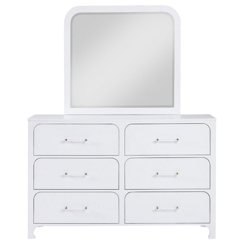 Asiy Wide Dresser w Mirror | 6 Drawer Clear Bar Handles | Pearl White BM339962