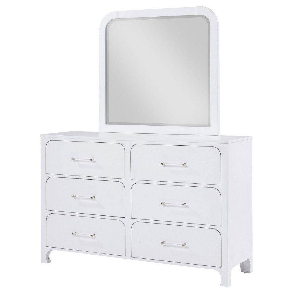 Asiy Wide Dresser w Mirror | 6 Drawer Clear Bar Handles | Pearl White BM339962