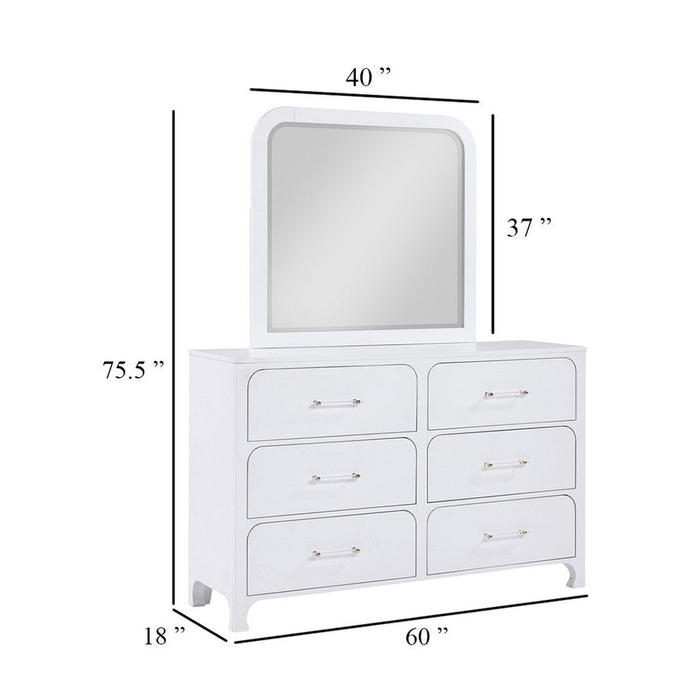 Asiy Wide Dresser w Mirror | 6 Drawer Clear Bar Handles | Pearl White BM339962