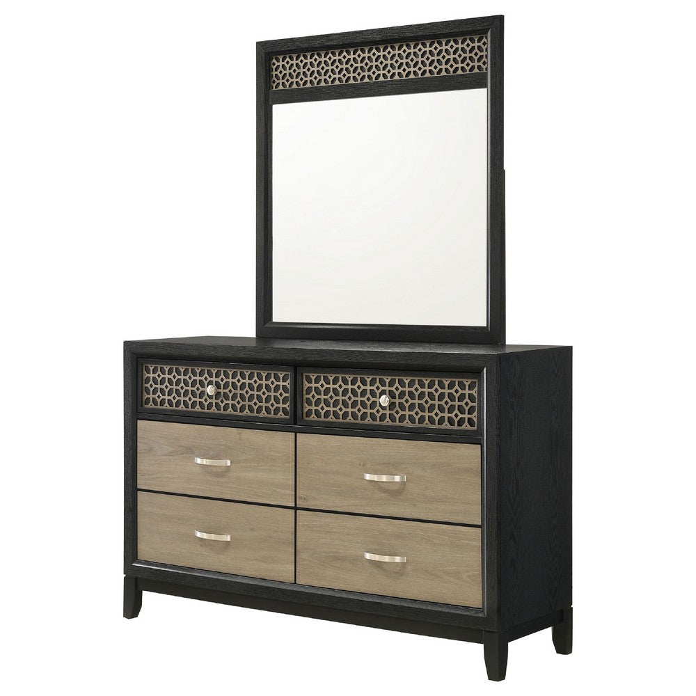 Aki Wide Dresser with Mirror | 6 Drawers | Black | Geometric Cutouts BM339963