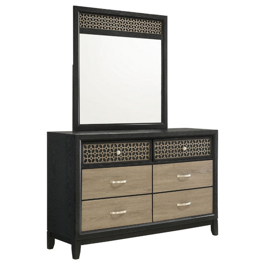 Aki Wide Dresser with Mirror | 6 Drawers | Black | Geometric Cutouts