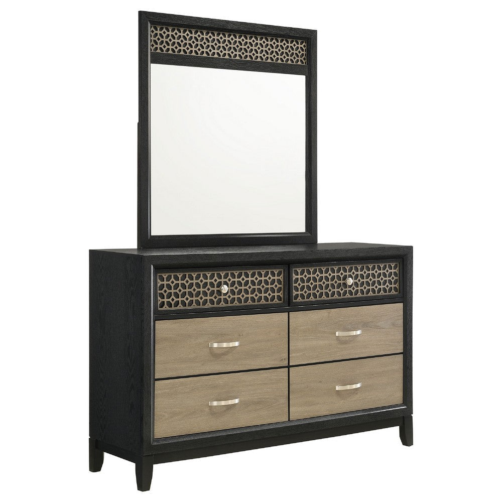 Aki Wide Dresser with Mirror | 6 Drawers | Black | Geometric Cutouts