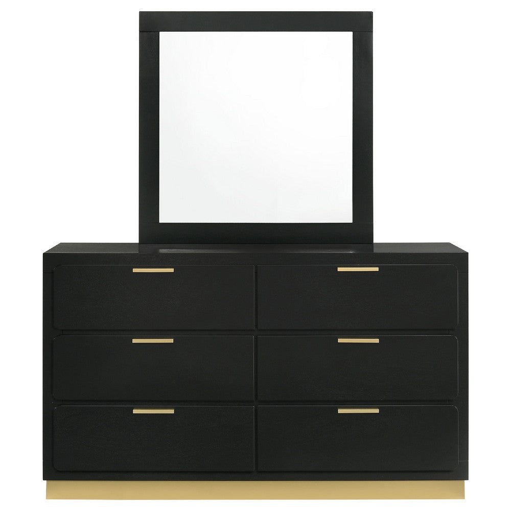 Caer Wide Dresser with Mirror | 6 Drawers | Black Wood | Gold Metal BM339964