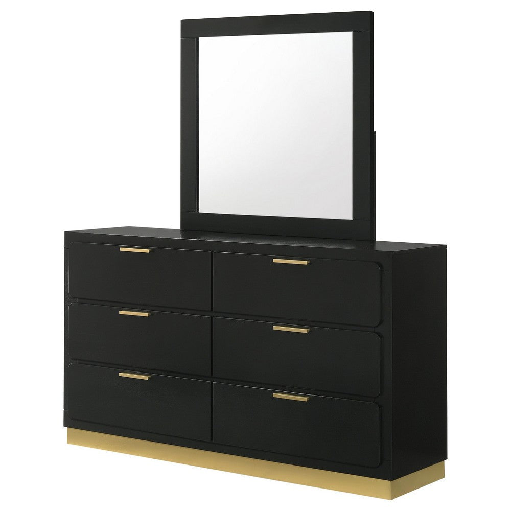 Caer Wide Dresser with Mirror | 6 Drawers | Black Wood | Gold Metal BM339964