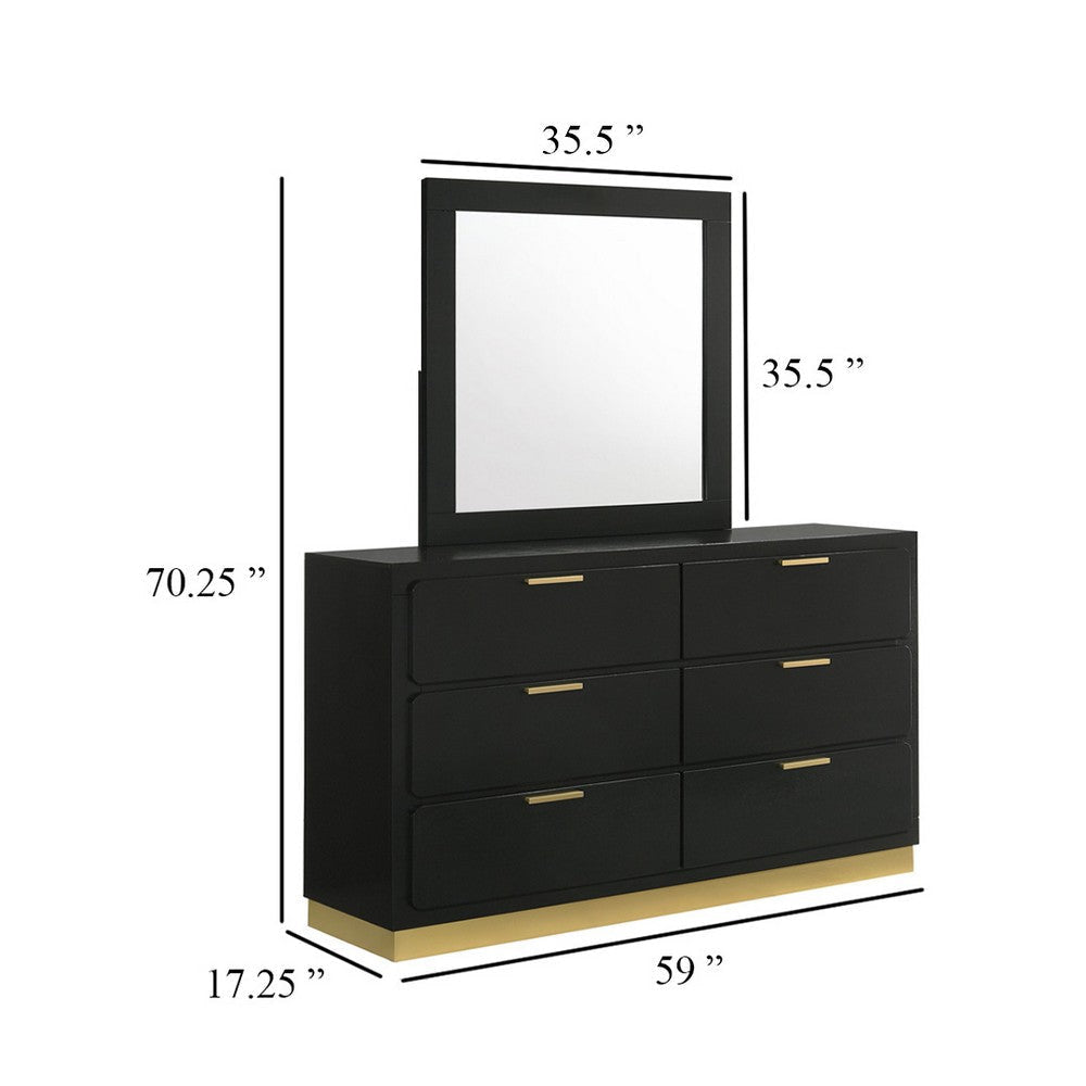 Caer Wide Dresser with Mirror | 6 Drawers | Black Wood | Gold Metal BM339964