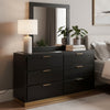 Caer Wide Dresser with Mirror | 6 Drawers | Black Wood | Gold Metal