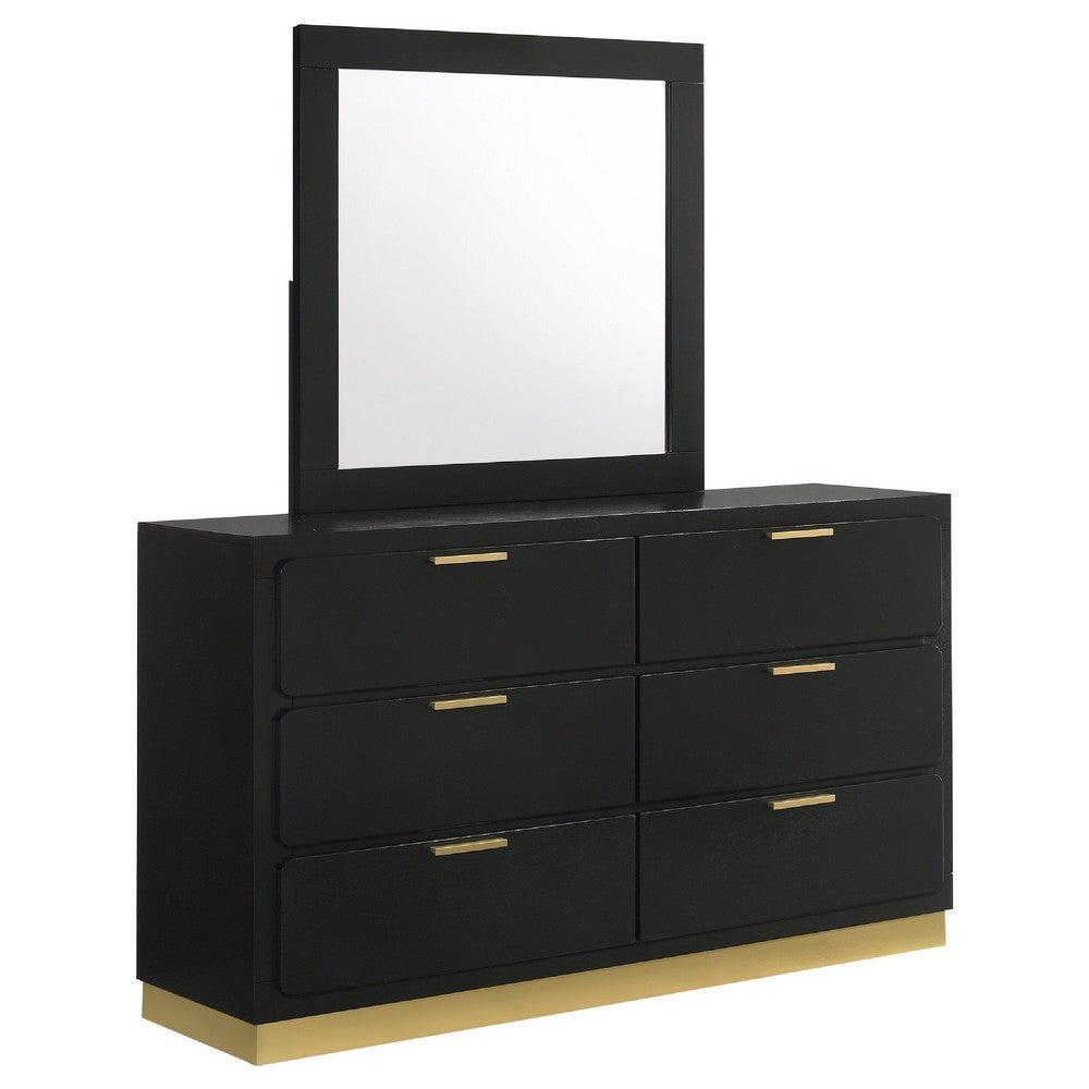 Caer Wide Dresser with Mirror | 6 Drawers | Black Wood | Gold Metal