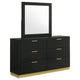 Caer Wide Dresser with Mirror | 6 Drawers | Black Wood | Gold Metal