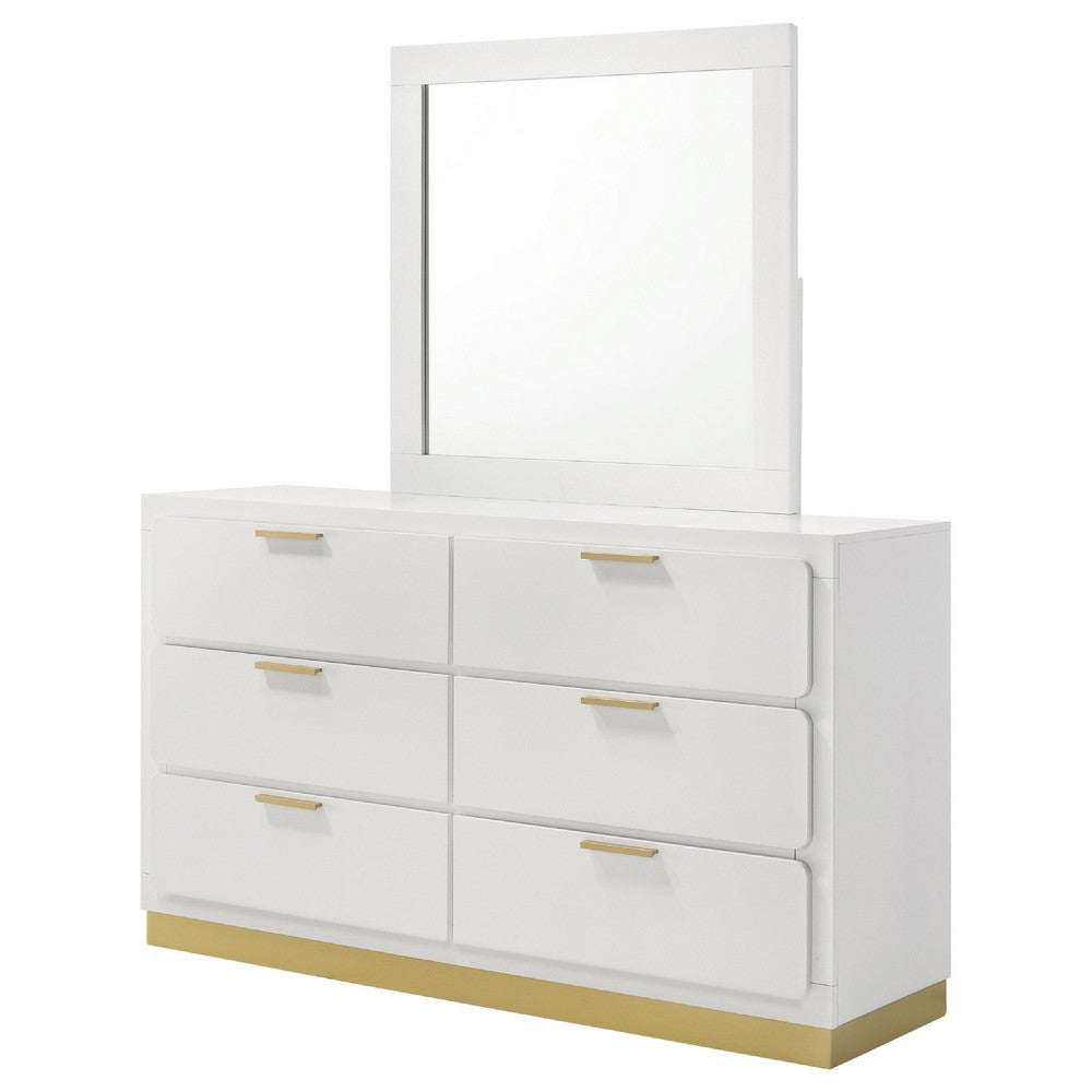 Caer Wide Dresser with Mirror | 6 Drawers | White Wood | Gold Metal BM339965