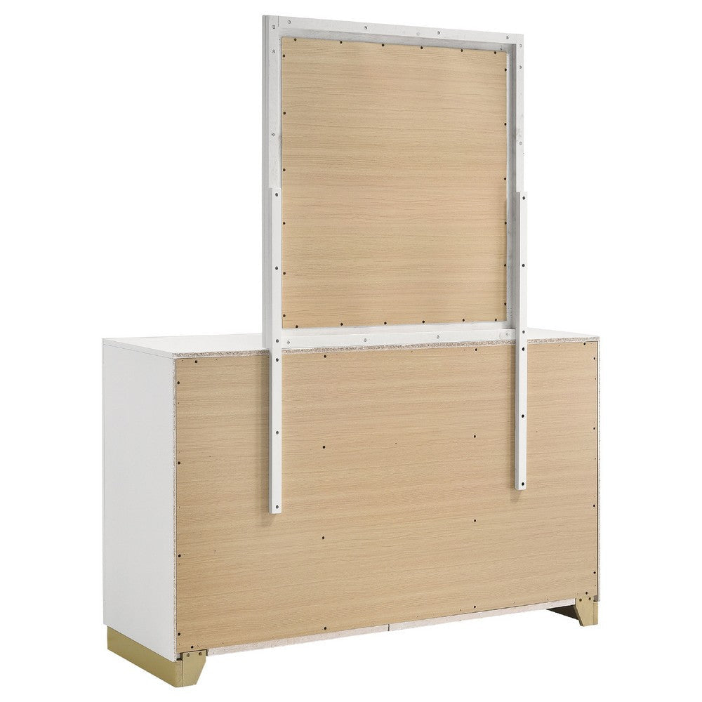 Caer Wide Dresser with Mirror | 6 Drawers | White Wood | Gold Metal BM339965