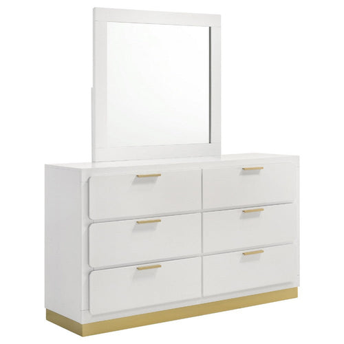 Caer Wide Dresser with Mirror | 6 Drawers | White Wood | Gold Metal