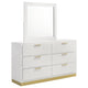 Caer Wide Dresser with Mirror | 6 Drawers | White Wood | Gold Metal
