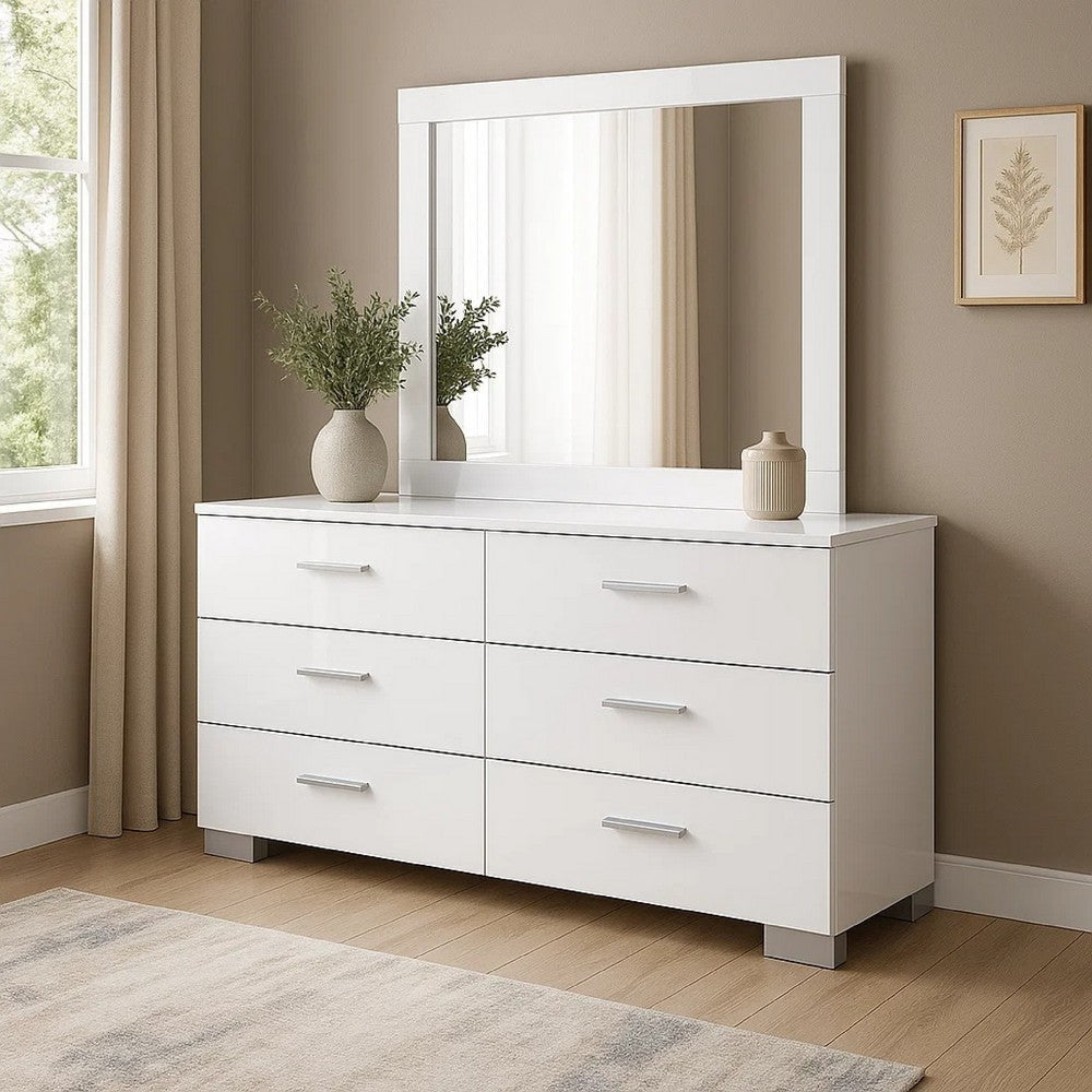 Sok Wide Dresser with Mirror | 6 Drawers | White High Gloss Finish BM339966
