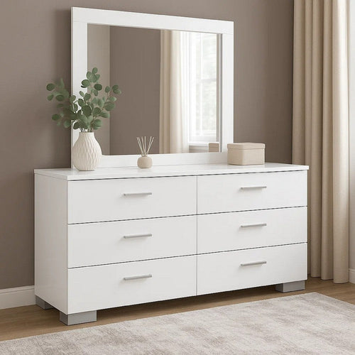 Sok Wide Dresser with Mirror | 6 Drawers | White High Gloss Finish